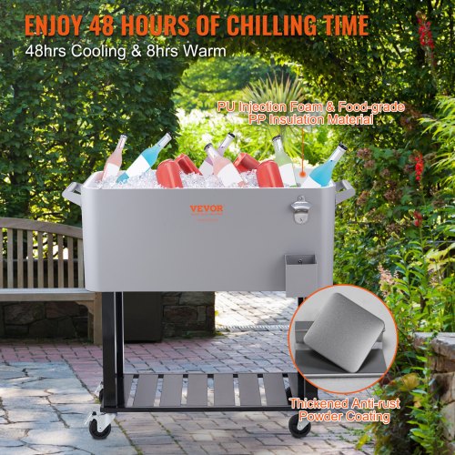 Rolling Ice Chest Cooler Cart 80 Quart, Portable Bar Drink Cooler, Beverage Bar Stand Up Cooler with Wheels, Bottle Opener, Handles for Patio, Backyard, Party and Pool, Gray, FDA Listed