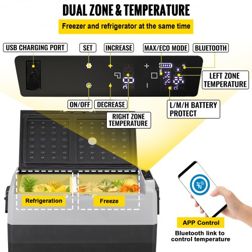 12 Volt Refrigerator, 63 Qt, Dual Zone Car Fridge Freezer w/ App Control & Wheels, 12/24V DC & 100-240V AC Electric Compressor Cooler for Car Truck Vehicle RV Boat Outdoor & Home Use