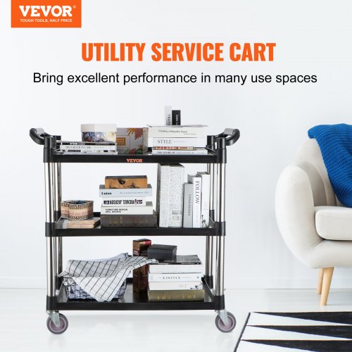 Utility Service Cart, 3 Shelf Heavy Duty 154LBS Food Service Cart, Rolling Utility Cart with Lockable Wheels, 32.7" x 15.7" x 37.4" Plastic Utility Cart for Kitchen Office Restaurant Home, Black
