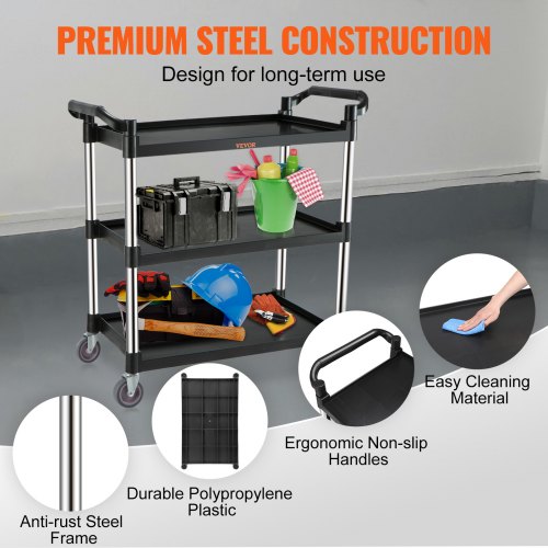 Utility Service Cart, 3 Shelf Heavy Duty 154LBS Food Service Cart, Rolling Utility Cart with Lockable Wheels, 32.7" x 15.7" x 37.4" Plastic Utility Cart for Kitchen Office Restaurant Home, Black