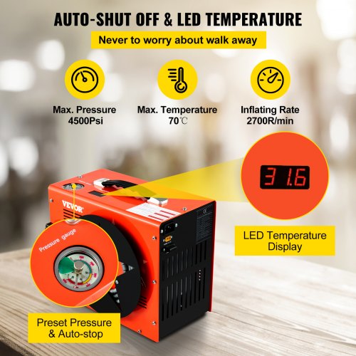 PCP Air Compressor, 350W 2700 RPM Portable Diving Compressor, 4500 Psi High Pressure w/8 mm Quick Connector & Built-in Cooling Fan, 1.5L Tank Auto-shutoff Design Powered by Home & Car Battery