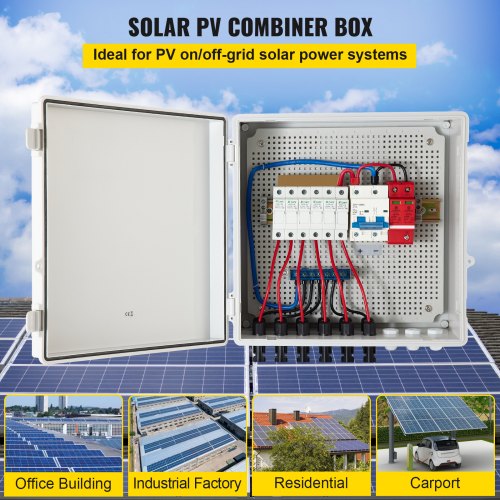 PV Combiner Box, 6 String, Solar Combiner Box with 15A Rated Current Fuse, 125A Circuit Breaker, Lightning Arreste and Solar Connector, for On / Off Grid Solar Panel System, IP65 Waterproof