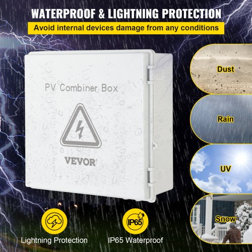 PV Combiner Box, 6 String, Solar Combiner Box with 15A Rated Current Fuse, 125A Circuit Breaker, Lightning Arreste and Solar Connector, for On / Off Grid Solar Panel System, IP65 Waterproof