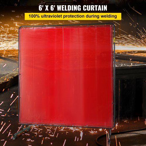 6' x 6' Welding Screen with Frame Red Vinyl Portable Welding Curtain with Wheels Light-Proof Welding Protection Screen Professional