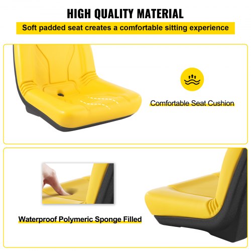 Universal Tractor Seat, Industrial High Back, 2PCS PVC Lawn and Garden Mower Seat Replacement, Steel Frame Compact Forklift Seat w/ Drain Hole, Yellow