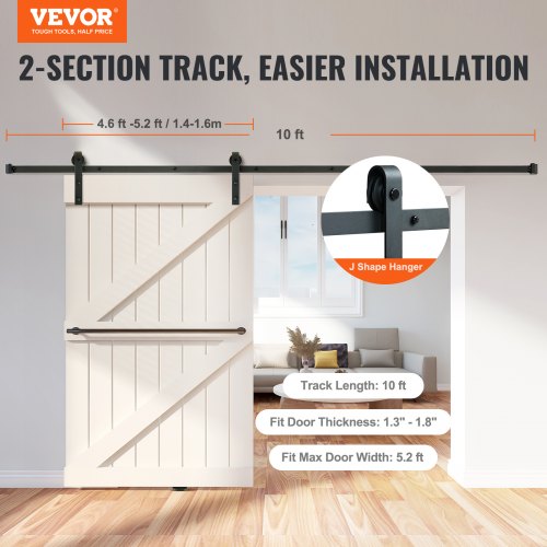 10FT Sliding Barn Door Hardware Kit, 330LBS Loading Heavy Duty Barn Door Track Kit for Single Door, Fit 4.6-5.2FT Wide and 1.3"-1.8" Thick Door Panel, with Smooth & Silent Pulley (J Shape)