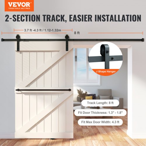 8FT Sliding Barn Door Hardware Kit, 330LBS Loading Heavy Duty Barn Door Track Kit for Single Door, Fit 3.7-4.3FT Wide and 1.3"-1.8" Thick Door Panel, with Smooth & Silent Pulley (J Shape)