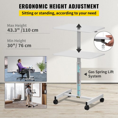 Mobile Laptop Desk, 76 cm to 110 cm, Height Adjustable Rolling Laptop Desk w/ Gas Spring Riser, Swivel Casters and Hook, Home Office Computer Table for Standing or Sitting, White