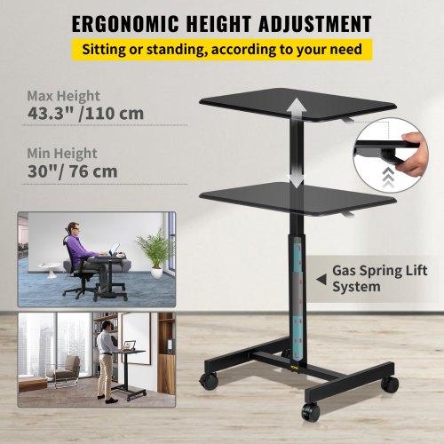 Mobile Laptop Desk, 76 cm to 110 cm, Height Adjustable Rolling Laptop Desk w/ Gas Spring Riser, Swivel Casters and Hook, Home Office Computer Table for Standing or Sitting, Black