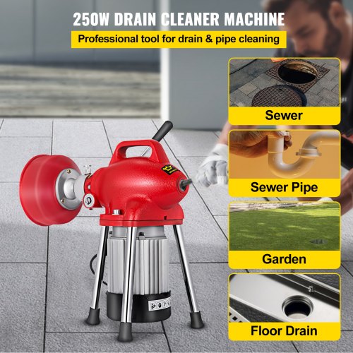 250W Electric Pipe Dredger Pipeline Unblocker w/ Cutter 3 Spiral 220 V Drain Auger for Kitchen Bathroom