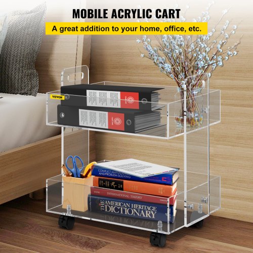 Acrylic Cart, 2 Tier, 0.3 in Thickened Board, Holds Up to 66 lbs, Acrylic Side Table with Lockable Swivel Wheels, for Office School Home, 13.4" x 15.7" x 19"