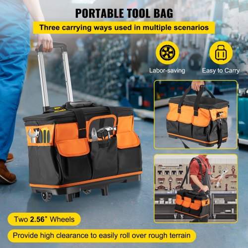 Rolling Tool Bag, 20-inch 17 Pockets Bag with Two 2.56in Wheels, Oxford Fabric Material with Telescoping Handle, 198lb Load Capacity for Garden Electrician Tool Organization