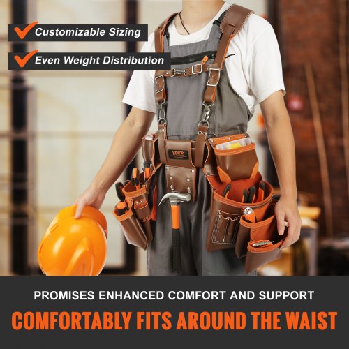 Tool Belt with Suspenders, 19 Pockets, 29-54 inches Adjustable Waist Size, Tool Belts for Men, Genuine Leather Heavy Duty Carpenter Tool Pouch for Carpenters, Electricians, and Gardening, Brown