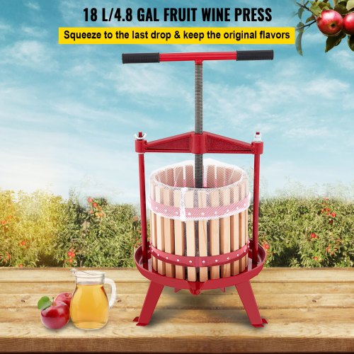 Fruit Wine Press, 4.8Gal/18L, Cast Iron Manual Grape Presser for Wine Making, Cider Tincture Vegetables Honey Olive Oil Press with Beech Wood Hollow Basket T-Handle 0.1" Thick Plate 3 Feet