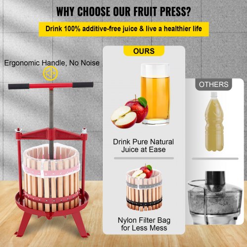Fruit Wine Press, 4.8Gal/18L, Cast Iron Manual Grape Presser for Wine Making, Cider Tincture Vegetables Honey Olive Oil Press with Beech Wood Hollow Basket T-Handle 0.1" Thick Plate 3 Feet