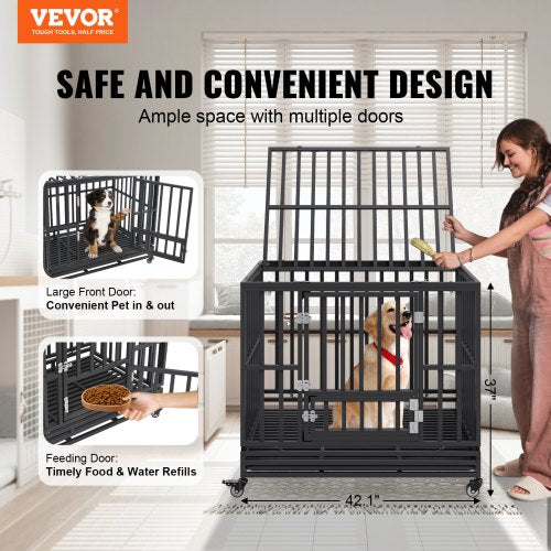 42 Inch Heavy Duty Dog Crate, Indestructible Dog Crate, 3-Door Heavy Duty Dog Kennel for Medium to Large Dogs with Lockable Wheels and Removable Tray, High Anxiety Dog Crate for Indoor & Outdoor