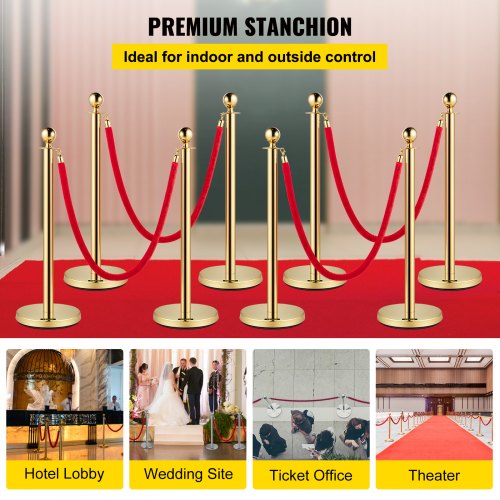 Crowd Control Stanchion, Set of 8 Pieces Stanchion Set, Stanchion Set with 5 ft/1.5 m Red Velvet Rope, Gold Crowd Control Barrier w/ Sturdy Concrete and Metal Base – Easy Connect Assembly