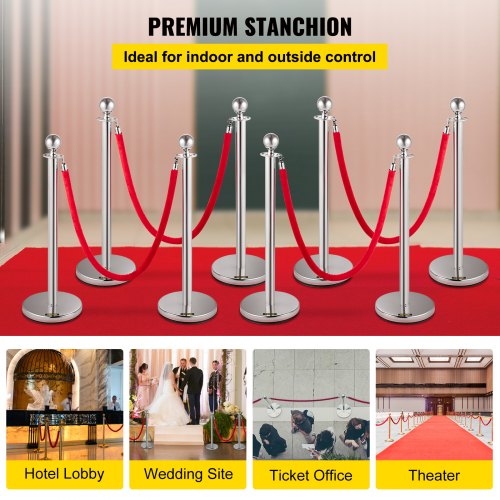 Crowd Control Stanchion, Set of 8 Pieces Stanchion Set, Stanchion Set with 5 ft/1.5 m Red Velvet Rope, Silver Crowd Control Barrier w/ Sturdy Concrete and Metal Base – Easy Connect Assembly