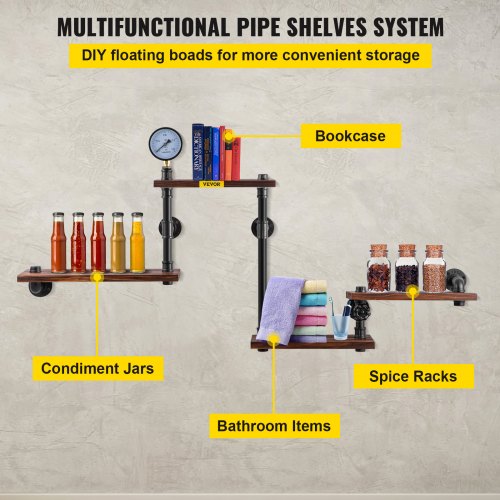 Pipe Shelf, Industrial Steel Shelving w/ 4-Layer Solid Wood Planks, Modern Rustic Retro Floating Shelves Wall Mounted, DIY Storage Bracket for Bookshelf, Kitchen, Bathroom, Home Decor, Black