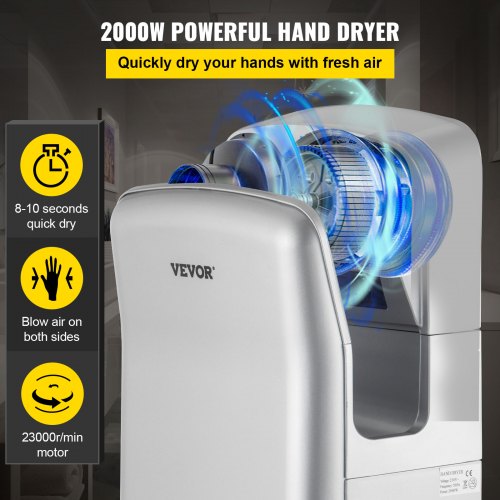 Jet Hand Dryer, Premium Electric Commercial Blade Hand Dryer, ABS Air Dryer Hand with HEPA Filtration Wall Mount Hand Dryer, 2000W 220V Vertical Hand Dryer, High-Speed Automatic Infrared Silver