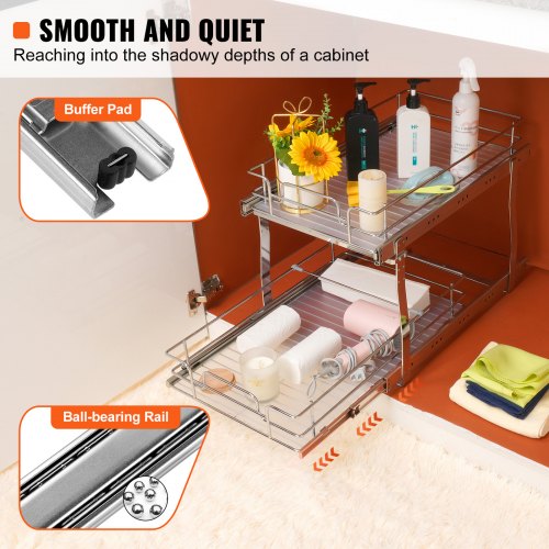 2-Tier Wire Pull Out Cabinet Under Sink Organizer 13x21 Inch Drawer Basket