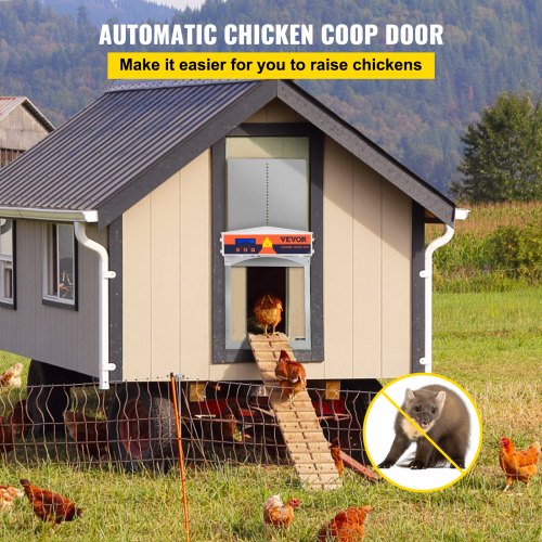Automatic Chicken Coop Door, Auto Open/Close, Gear Lifter Galvanized Poultry Gate with Evening and Morning Delayed Opening Timer & Light Sensor, Battery Powered LCD Screen, for Duck, Gray