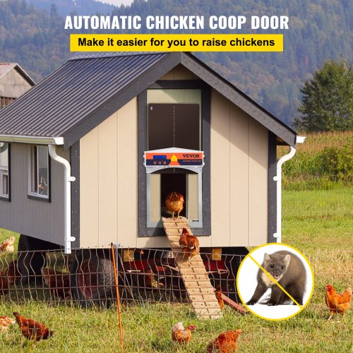 Automatic Chicken Coop Door, Auto Open/Close, Gear Lifter Galvanized Poultry Gate with Evening and Morning Delayed Opening Timer & Light Sensor, Battery Powered LCD Screen, for Duck, Brown