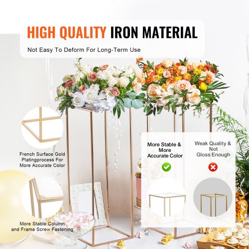 10PCS 31.5inch/80cm High Wedding Flower Stand, With Acrylic Laminate,Metal Vase Column Geometric Centerpiece Stands, Gold Rectangular Floral Display Rack for Events Reception, Party Decoration