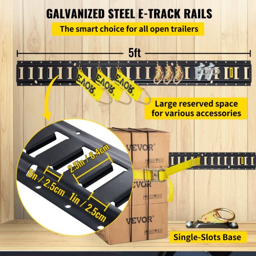 E Track Tie-Down Rail Kit, 18PCS 5FT E-Tracks Set Includes 4 Steel Rails & 2 Single Slot & 6 O Rings & 4 Tie-Offs w/ D-Ring & 2 Ratchet Straps, Securing Accessories for Cargo Motorcycles Bikes