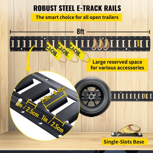 E Track Tie-Down Rail Kit, 30PCS 8FT E-Tracks Set Includes 4 Steel Rails & 2 Single Slot & 8 O Rings & 8 Tie-Offs w/ D-Ring & 8 End Caps, Securing Accessories for Cargo, Motorcycles, and Bikes