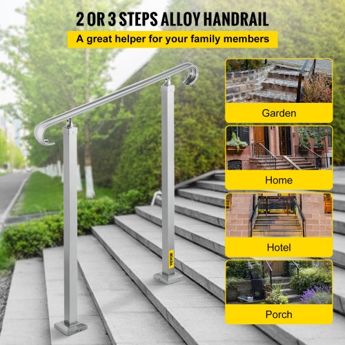 Outdoor Stair Railing, Alloy Metal Hand Railing, Fit 2 or 3 Steps Flexible Transitional Handrail, Black Outdoor Stair Rail W/ Installation Kit, Step Handrail for Concrete or Wooden Stairs