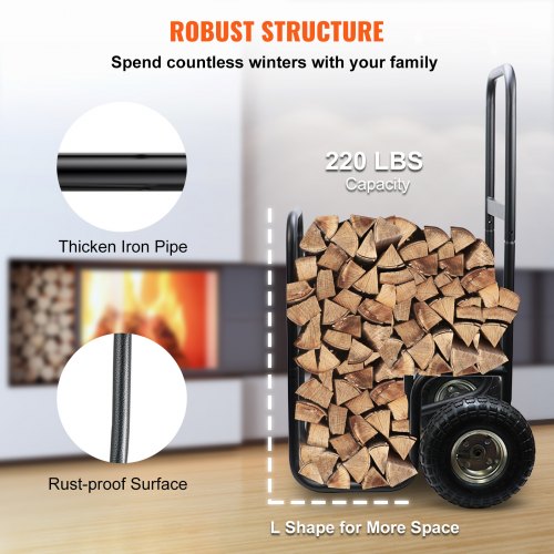 Firewood Cart, 220 lbs Weight Capacity, Wood Carrier with Wheels, Binding Rope and Water-proof Tarp, Utility Log Rack for Storage and Move, Dolly Hauler for Indoor and Outdoor Fireplace, Black