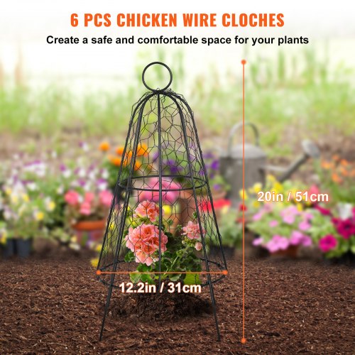 Chicken Wire Cloche, 6 Packs 12.2" Diameter x 20" Height, Plant Protector and Cover with Zip Ties & Staples, Sturdy Metal Cage Garden Protection from Animals, No Assembly Required, Black