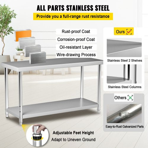 Stainless Steel Prep Table, 60 x 24 x 34 Inch, 550lbs Load Capacity Heavy Duty Metal Worktable with Adjustable Undershelf, Commercial Workstation for Kitchen Restaurant Garage Backyard
