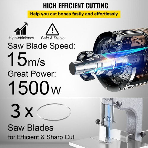 Commercial Meat Bone Saw Machine 850W 304 Stainless Steel Worktop Meat Cutting Machine 210mm Saw Wheel Electric Bone Saw with Powerful Pure Copper Motor for Cutting Bone