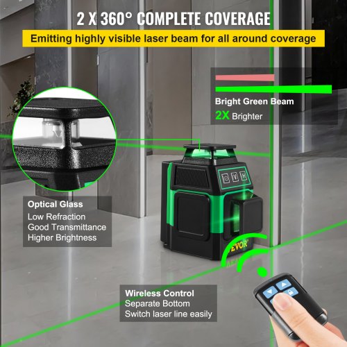 8 Lines Cross Line Laser Level, 2 x 360° Four Plane Switchable Lines, 131FT Green Beam, Self Leveling & Tilt Leveling Laser Level, w/ 360° Magnetic Base & Mini Tripod Base, for Home Decoration
