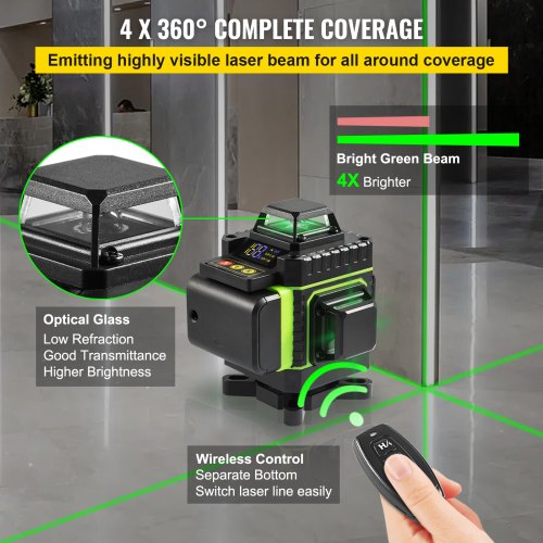 Cross Line Laser Level, 4 x 360° Four Plane Switchable Lines, 131FT Green Beam, Self Leveling & Tilt Leveling Laser Level, 360° Magnetic Base & Mini Tripod Base Included, for Home Decoration