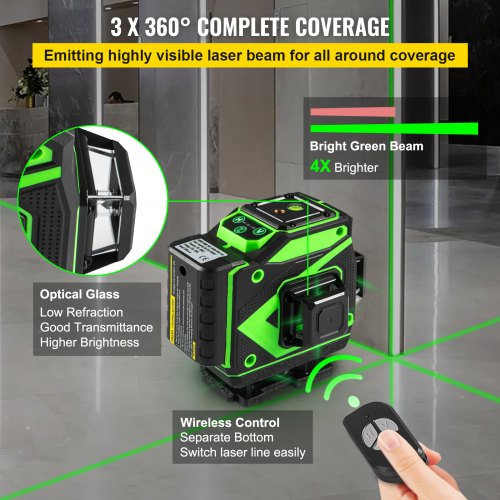Cross Line Laser Level, 3 x 360° Three Plane Switchable Lines, 131FT Green Beam, Self Leveling & Tilt Leveling Laser Level, 360° Magnetic Base & Mini Jack Stand Included, for Home Decoration
