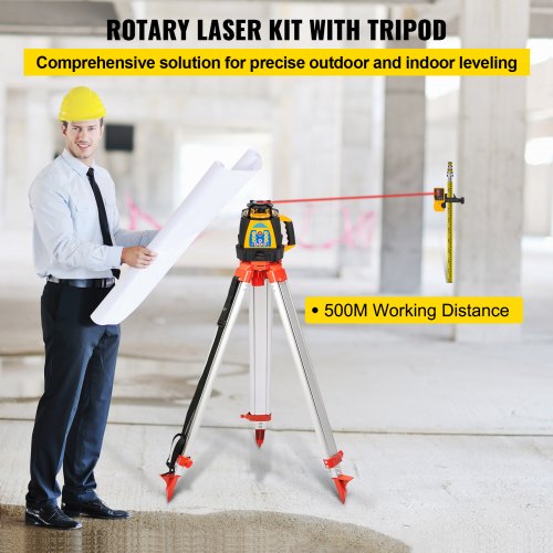 360° Self-Leveling Rotary Laser Level Kit Red Beams+ 1.65M Aluminum Tripod + 5M 5-Section Staff
