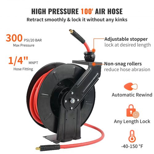 Air Hose Reel 3/8" x 100' Auto Rewind Hybrid Rubber Hose Retractable 300PSI