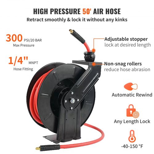 Air Hose Reel 3/8" x 50' Auto Rewind Hybrid Rubber Hose Retractable 300PSI