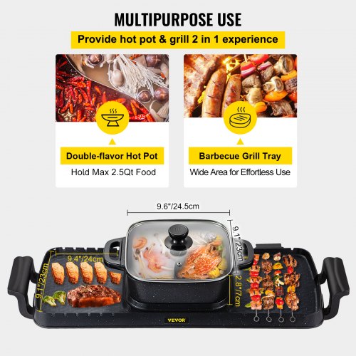 2 in 1 Electric Grill and Hot Pot, 2400W BBQ Pan Grill and Hot Pot, Multifunctional Teppanyaki Grill Pot with Dual Temp Control, Smokeless Hot Pot Grill with Nonstick Coating for 1-8 People