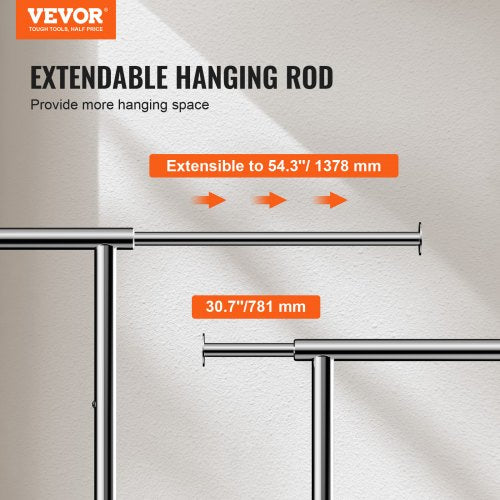 Clothes Rack with Wheels, Heavy Duty Clothing Garment Rack with Hanging Rod and Bottom Storage Area, Adjustable Length Clothing Rack, 2 Lockable Wheels