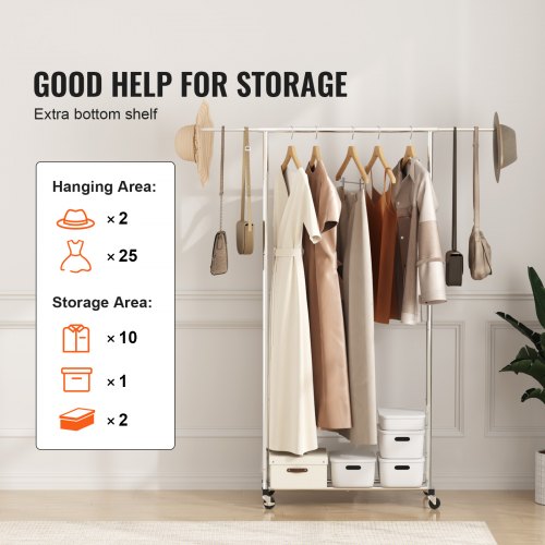 Clothes Rack with Wheels, Heavy Duty Clothing Garment Rack with Hanging Rod and Bottom Storage Area, Adjustable Length Clothing Rack, 2 Lockable Wheels