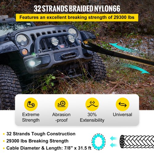 7/8" x 31.5' Kinetic Recovery Rope, 29,300 lbs, Heavy Duty Nylon Double Braided Kinetic Energy Rope with Loops and Protective Sleeves, for Truck Off-Road, Carry Bag Included, Black