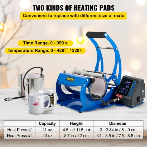 Mug Heat Press, 11oz/11.5cm and 20oz/22cm Two Platens, LCD Cup Press Machine with Detachable Transfer Sublimation Mats, DIY Presser for Coffee Skinny Tumblers, Silica-Gel Printing, Blue