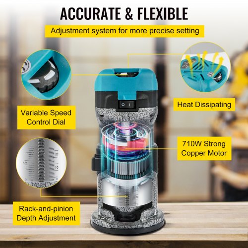 Router Tool, 710W Wood Router, Router for Woodworking w/ 3 Router Collets, Wood Router Tool w/ Fixed & Plunge & Tilt Base, Woodworking Router w/ Aluminum Shell & 13000-33000 r/min Rotating Speed