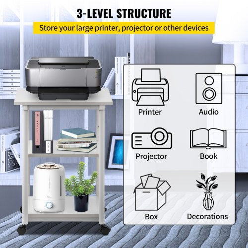 Printer Stand, 3 Tiers, Rolling Machine Cart with Adjustable Shelf & Lockable Wheels, 88 lbs Capacity Mobile Printer Table for Fax Scanner File Book in Home Office, 48 x 39 x 77 cm, White