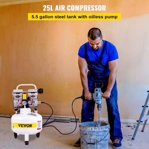 Pancake Air Compressor, 25L/5.5 Gallon Vertical Air Compressor Tank, 1HP 750W Portable Oilless Compressor, Ultra Quiet, 115PSI, 5.9CFM, 1440RPM, for Tire Inflation, House Renovation, Air Tools