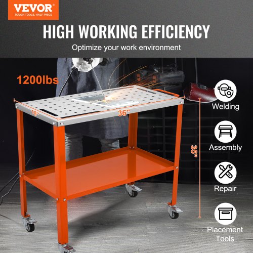 Welding Table 36" x 18", 1200lbs Load Capacity Steel Welding Workbench Table on Wheels, 2 Layers Portable Work Bench with Braking Casters, 4 Tool Slots, 5/8-inch Fixture Holes